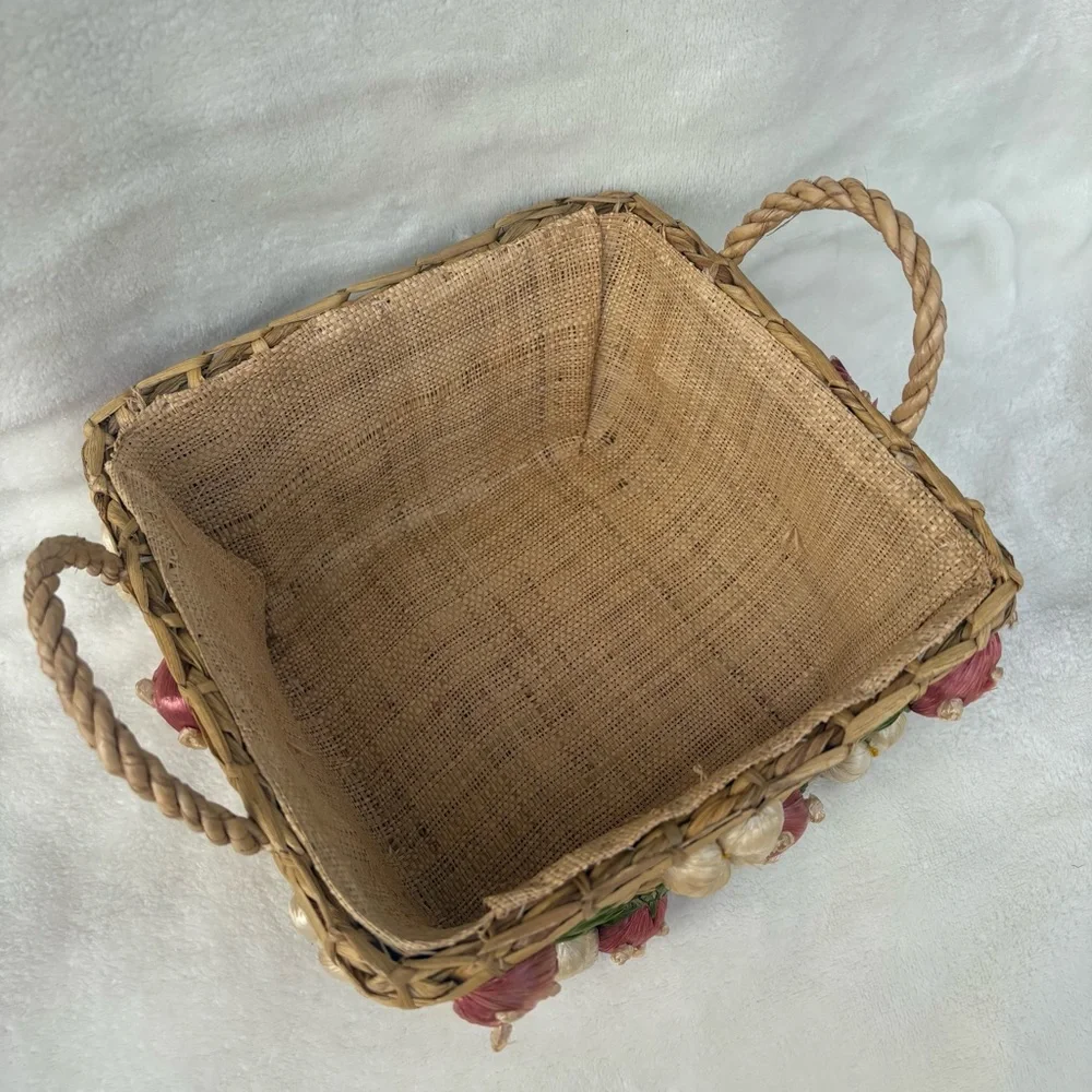 Vintage Handmade Straw Basket w/ Strawberry & Floral with Raffia Trim Handles
